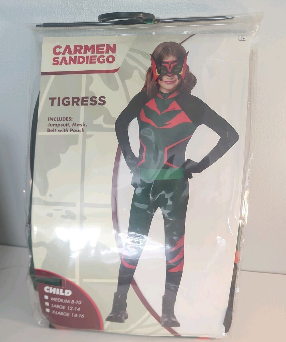 Spirit Halloween Carmen Sandiego Tigress Costume Mask Belt Child Large 12–14